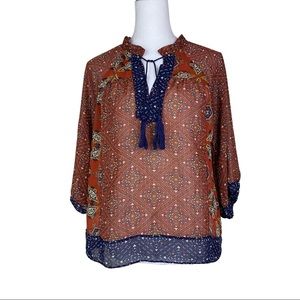 MISA Los Angeles Orange Blue Boho 3/4 Sleeve Peasant Blouse Size XS